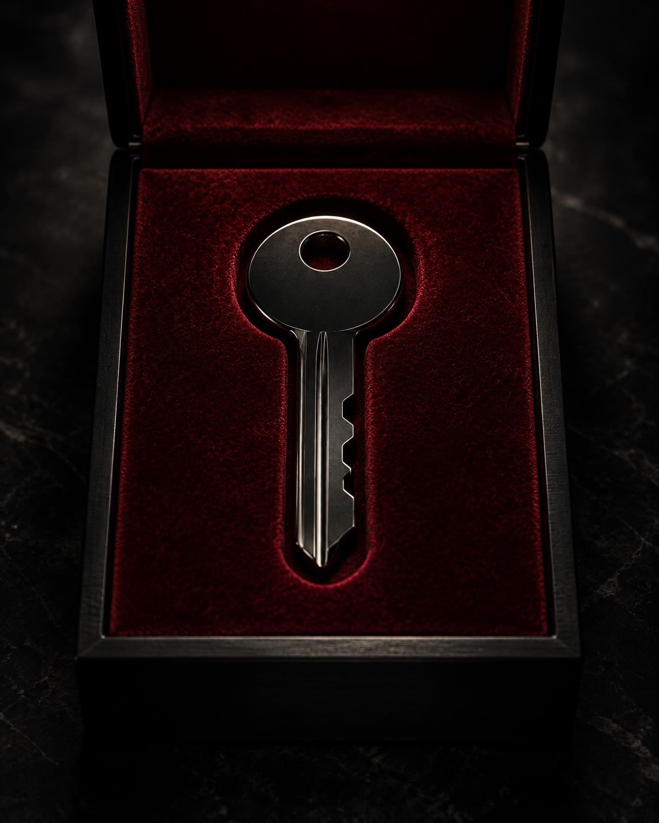 A black steel key resting in a red velvet case