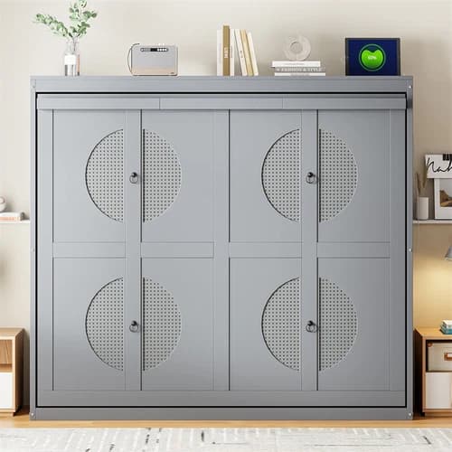 Full Size Murphy Bed Wall Bed with UBS Port for Small Apartment or Studio,Gray