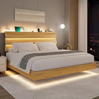 Feonase Floating Bed Frame King with Led Lights and Charging Station, Wood King Size Bed Frame with Storage Headboard, Heavy Duty Metal Slats, No Box Spring Needed, Easy Assembly,Oak